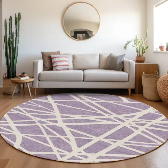 8' Lavender And Ivory Round Geometric Washable Indoor Outdoor Area Rug Photo 7