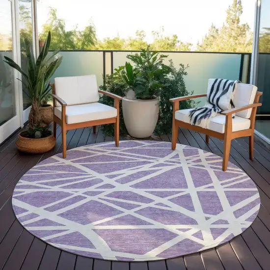 8' Lavender And Ivory Round Geometric Washable Indoor Outdoor Area Rug Photo 6