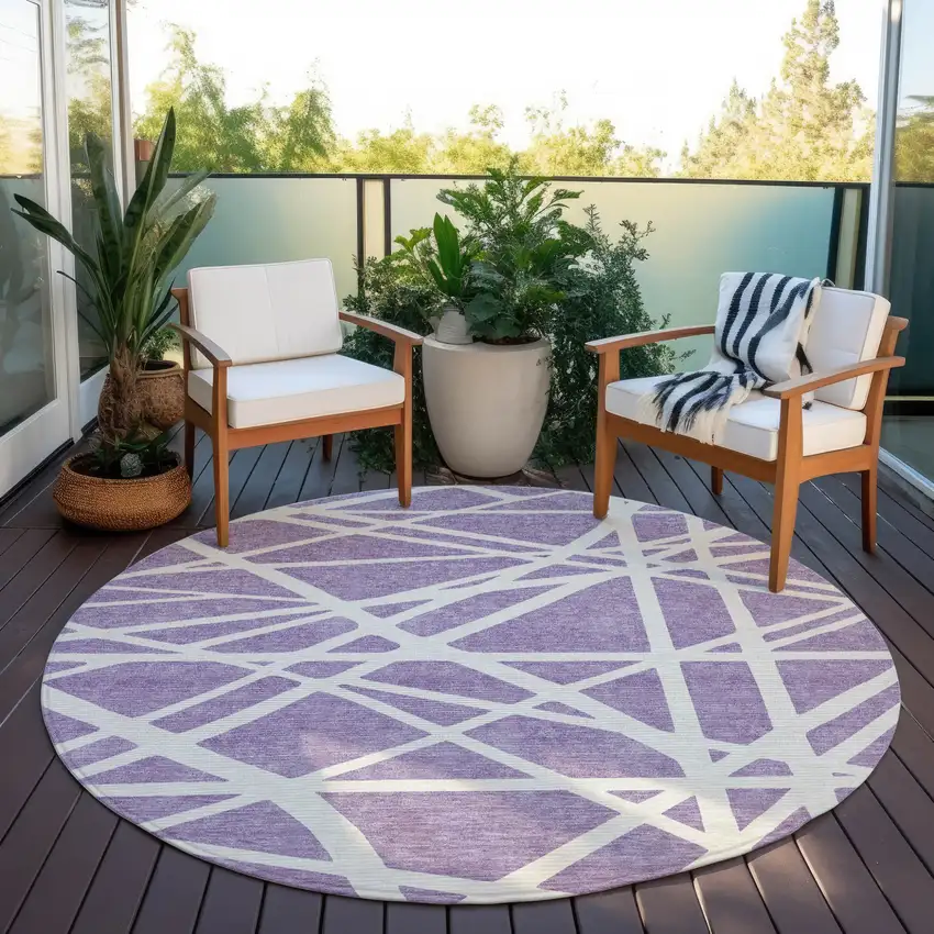 8' Lavender And Ivory Round Geometric Washable Indoor Outdoor Area Rug Photo 6