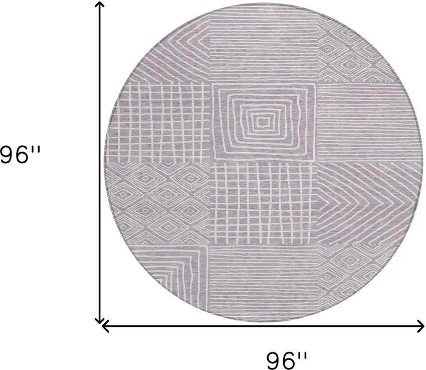 8' Lavender And Ivory Round Geometric Washable Indoor Outdoor Area Rug Photo 9