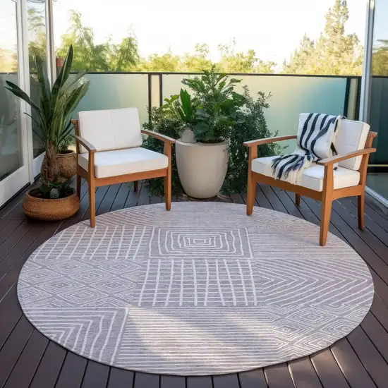 8' Lavender And Ivory Round Geometric Washable Indoor Outdoor Area Rug Photo 7