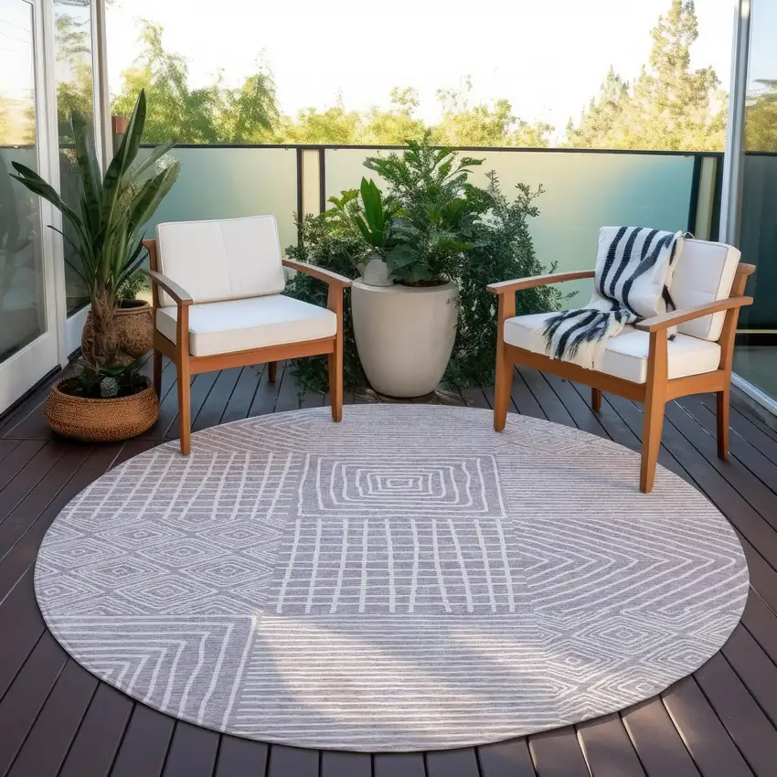 8' Lavender And Ivory Round Geometric Washable Indoor Outdoor Area Rug Photo 7