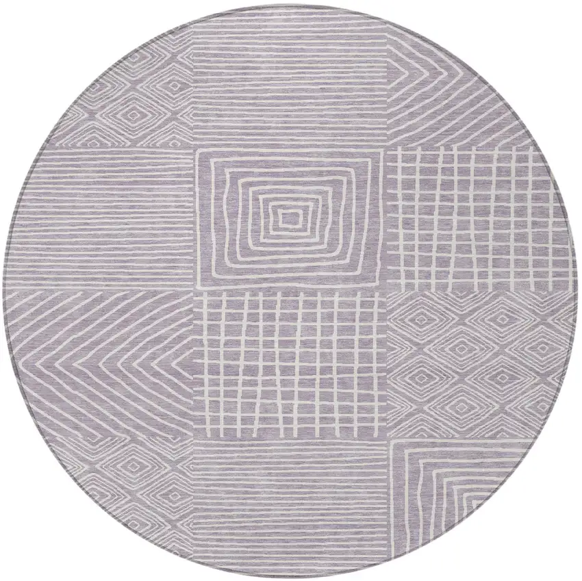 8' Lavender And Ivory Round Geometric Washable Indoor Outdoor Area Rug Photo 6