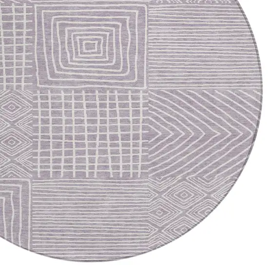 8' Lavender And Ivory Round Geometric Washable Indoor Outdoor Area Rug Photo 5