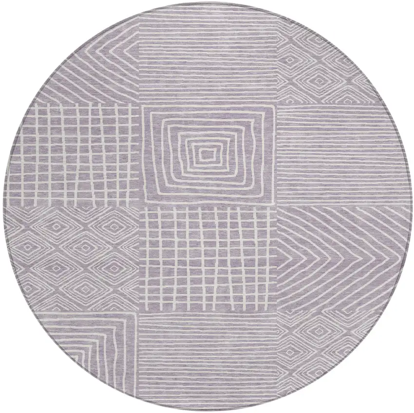 8' Lavender And Ivory Round Geometric Washable Indoor Outdoor Area Rug Photo 2