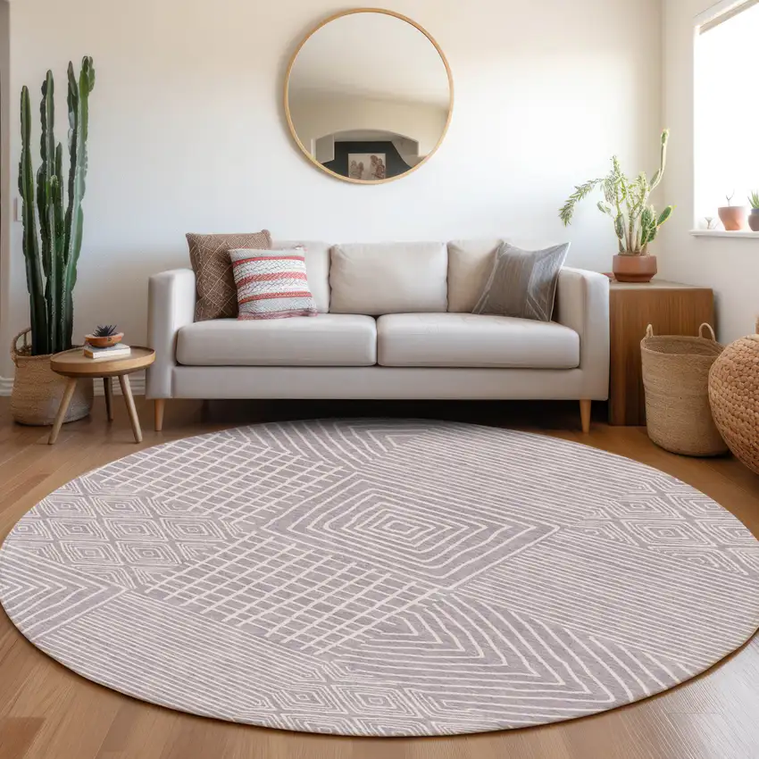 8' Lavender And Ivory Round Geometric Washable Indoor Outdoor Area Rug Photo 8