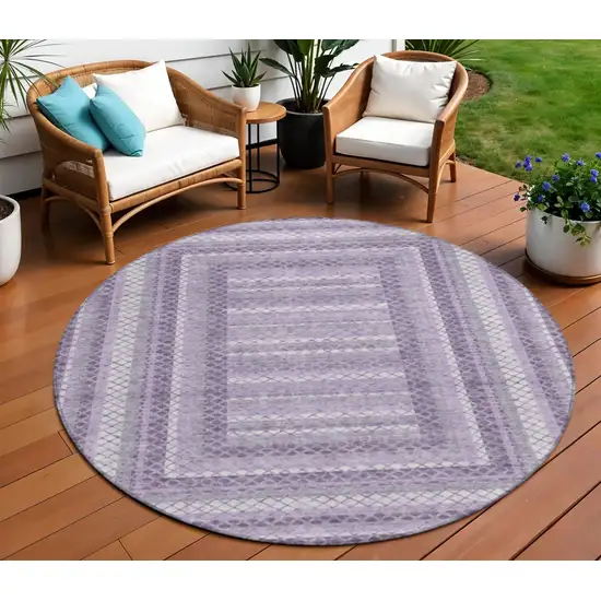 8' Lavender And Ivory Round Geometric Washable Indoor Outdoor Area Rug Photo 2