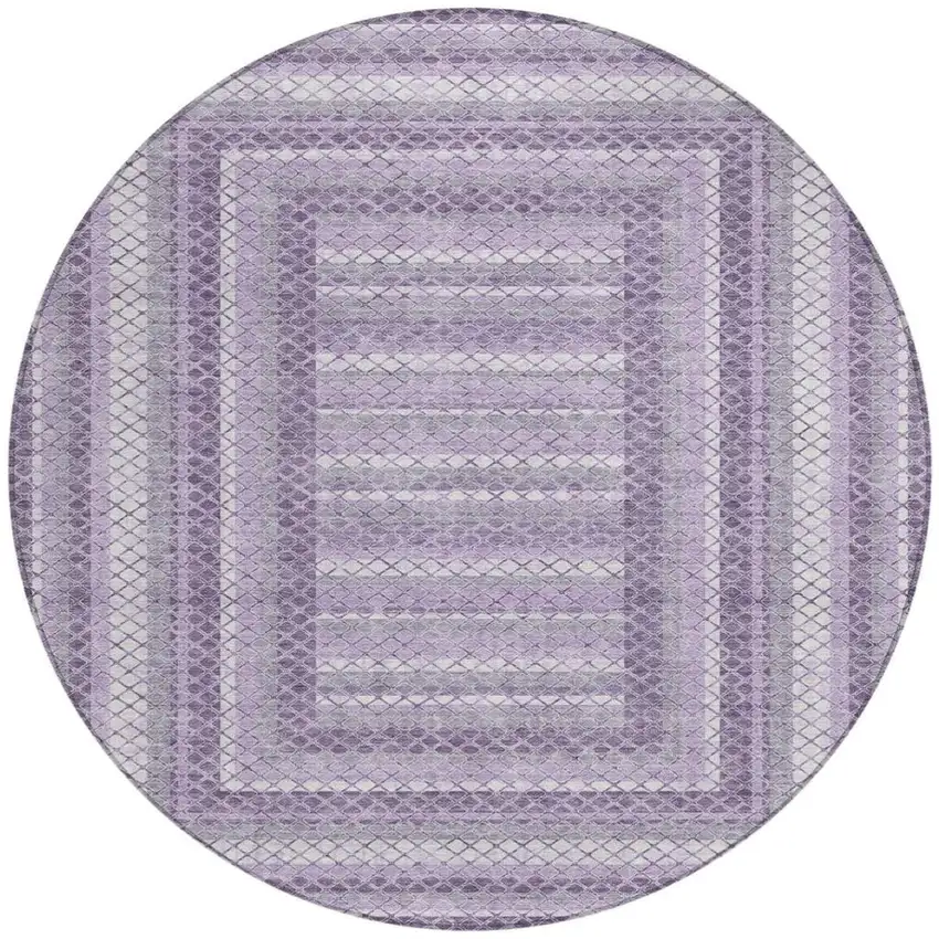 8' Lavender And Ivory Round Geometric Washable Indoor Outdoor Area Rug Photo 3