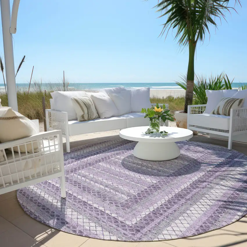 8' Lavender And Ivory Round Geometric Washable Indoor Outdoor Area Rug Photo 5
