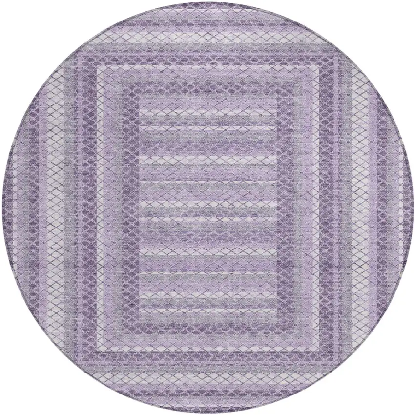 8' Lavender And Ivory Round Geometric Washable Indoor Outdoor Area Rug Photo 1