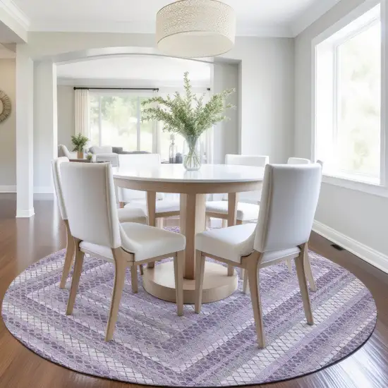 8' Lavender And Ivory Round Geometric Washable Indoor Outdoor Area Rug Photo 6
