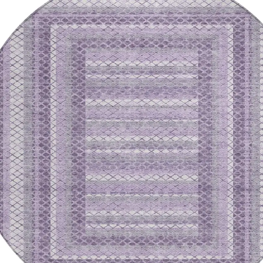 8' Lavender And Ivory Round Geometric Washable Indoor Outdoor Area Rug Photo 4