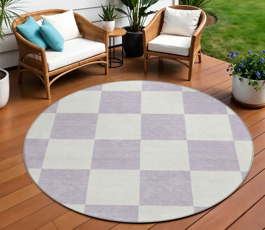8' Lavender And Ivory Round Geometric Washable Indoor Outdoor Area Rug Photo 1