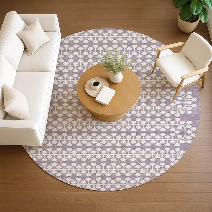 8' Lavender And Ivory Round Geometric Washable Indoor Outdoor Area Rug Photo 8