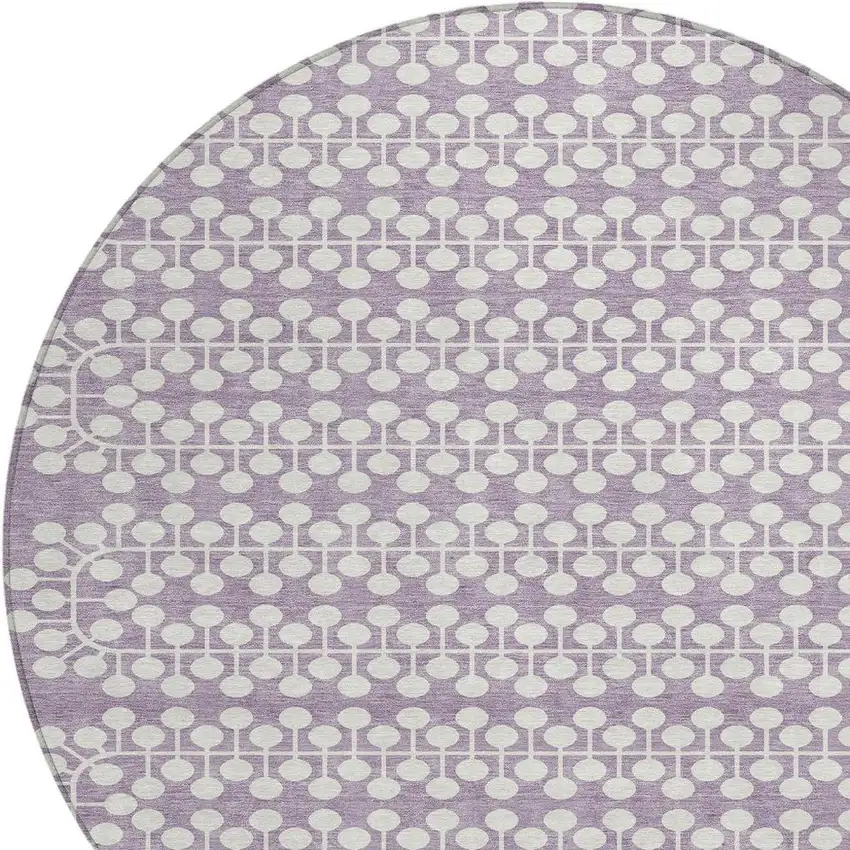 8' Lavender And Ivory Round Geometric Washable Indoor Outdoor Area Rug Photo 6