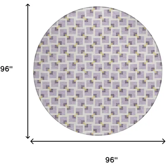 8' Lavender And Ivory Round Geometric Washable Indoor Outdoor Area Rug Photo 6