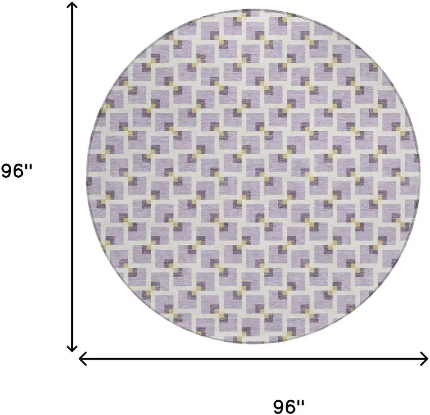 8' Lavender And Ivory Round Geometric Washable Indoor Outdoor Area Rug Photo 6