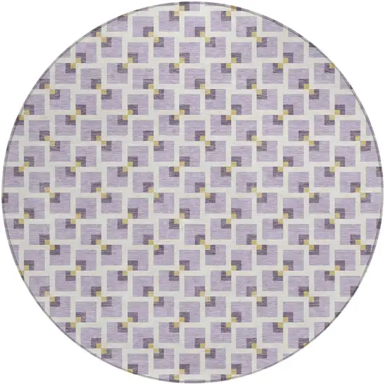 8' Lavender And Ivory Round Geometric Washable Indoor Outdoor Area Rug Photo 1