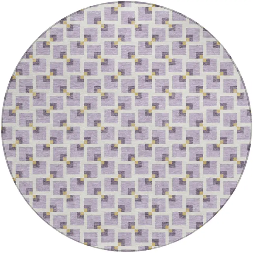 8' Lavender And Ivory Round Geometric Washable Indoor Outdoor Area Rug Photo 1