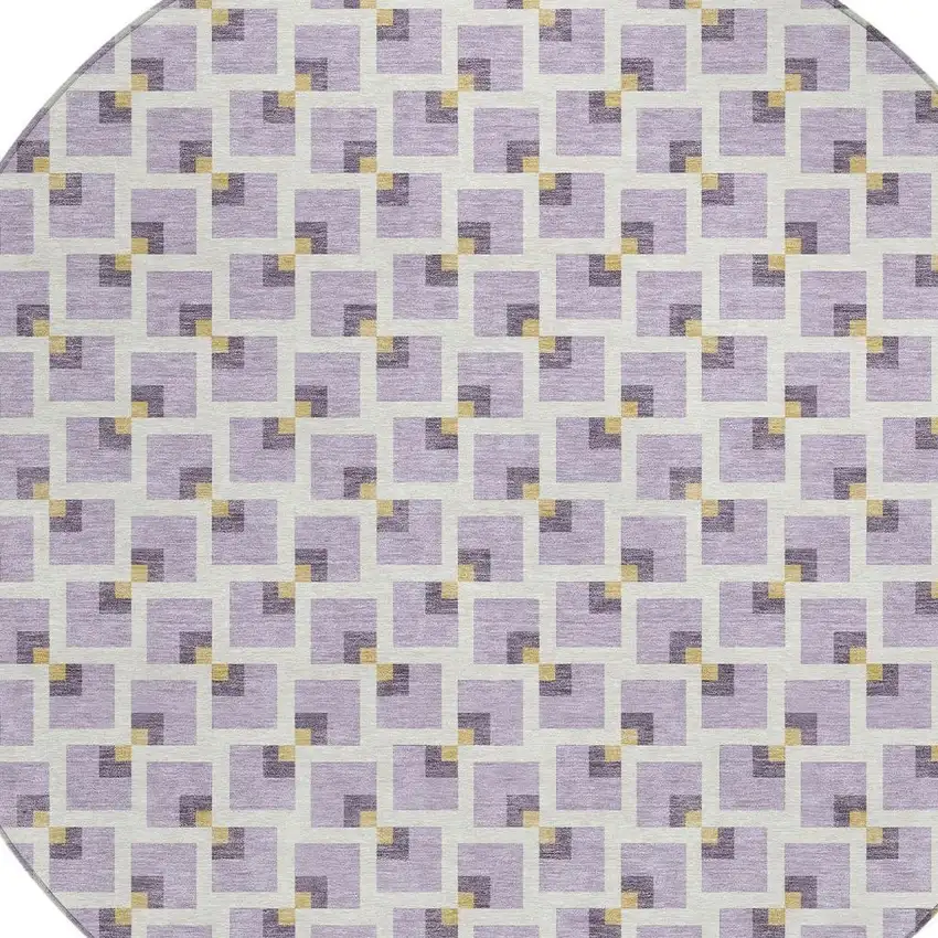8' Lavender And Ivory Round Geometric Washable Indoor Outdoor Area Rug Photo 2