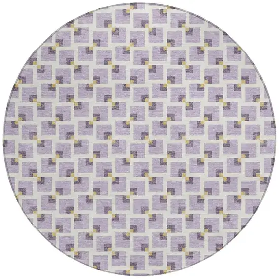 8' Lavender And Ivory Round Geometric Washable Indoor Outdoor Area Rug Photo 3