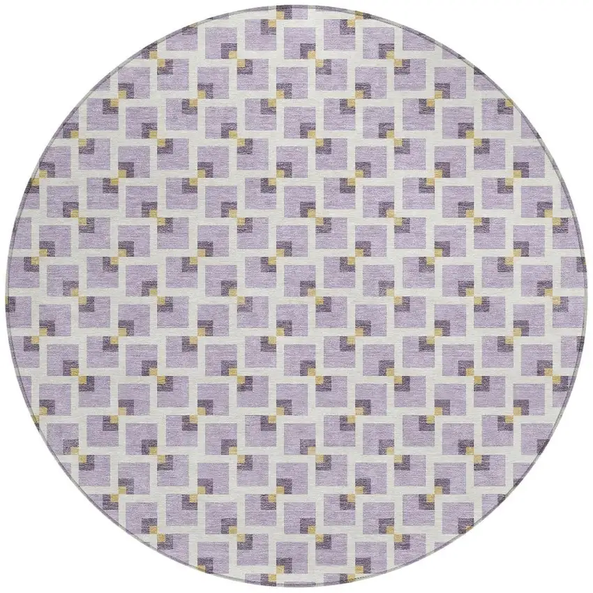 8' Lavender And Ivory Round Geometric Washable Indoor Outdoor Area Rug Photo 3