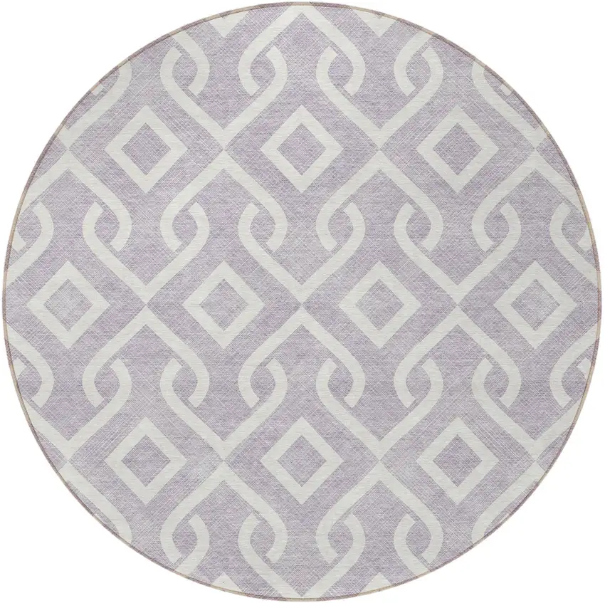 8' Lavender And Ivory Round Geometric Washable Indoor Outdoor Area Rug Photo 4