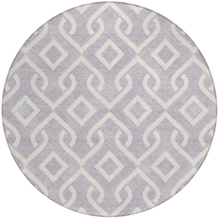 8' Lavender And Ivory Round Geometric Washable Indoor Outdoor Area Rug Photo 2