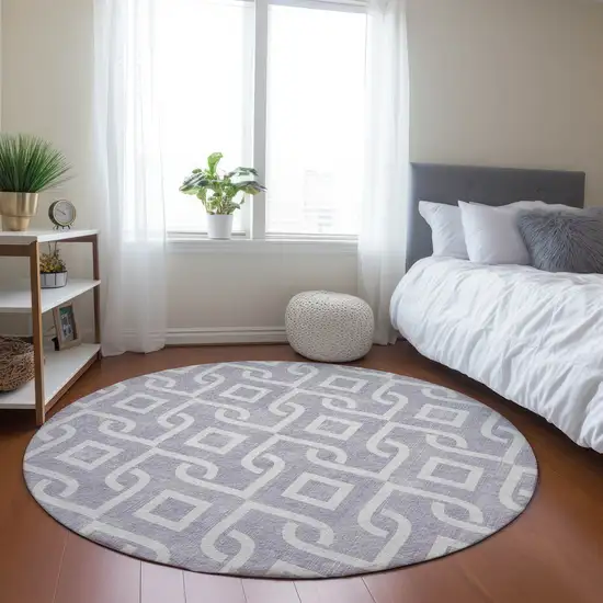 8' Lavender And Ivory Round Geometric Washable Indoor Outdoor Area Rug Photo 6