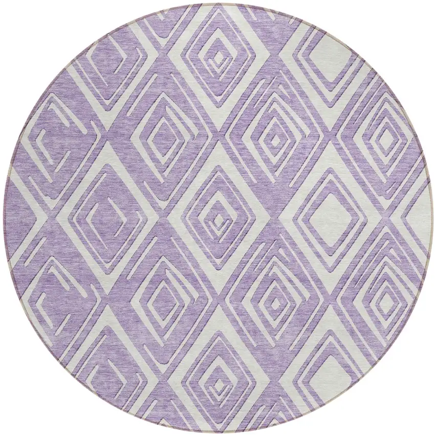 8' Lavender And Ivory Round Geometric Washable Indoor Outdoor Area Rug Photo 2