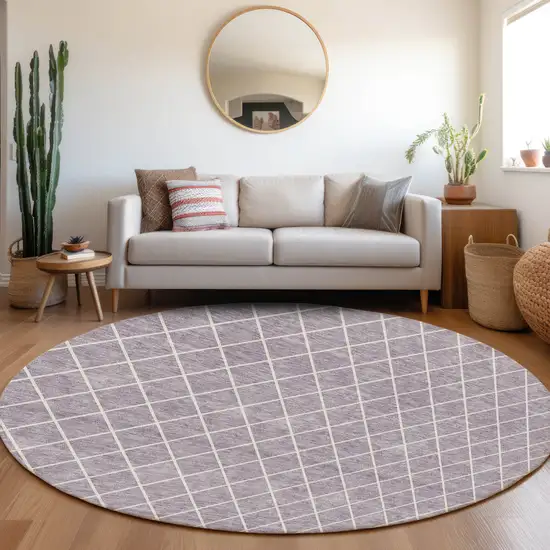 8' Lavender And Ivory Round Geometric Washable Indoor Outdoor Area Rug Photo 8