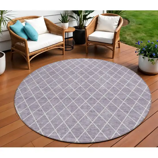 8' Lavender And Ivory Round Geometric Washable Indoor Outdoor Area Rug Photo 1