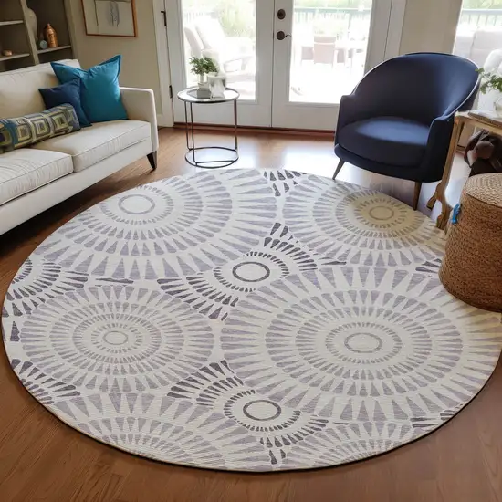 8' Lavender And Ivory Round Geometric Washable Indoor Outdoor Area Rug Photo 8