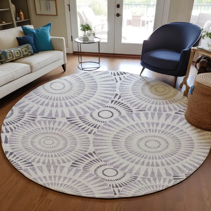 8' Lavender And Ivory Round Geometric Washable Indoor Outdoor Area Rug Photo 8