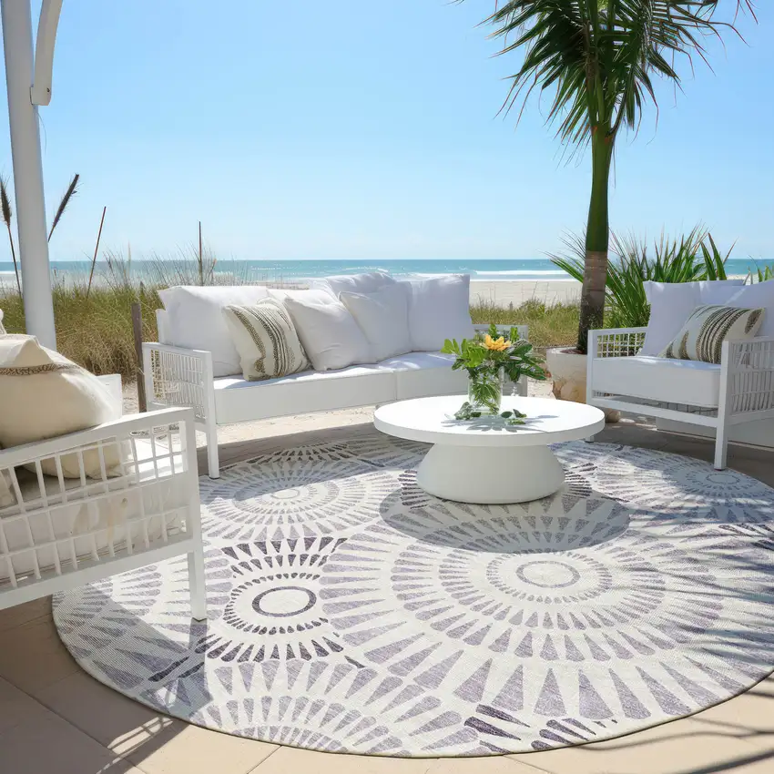 8' Lavender And Ivory Round Geometric Washable Indoor Outdoor Area Rug Photo 7