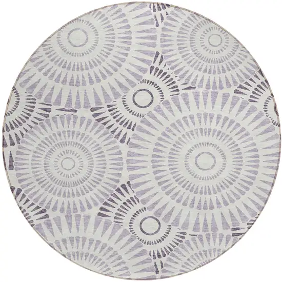 8' Lavender And Ivory Round Geometric Washable Indoor Outdoor Area Rug Photo 2