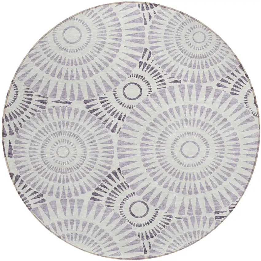 8' Lavender And Ivory Round Geometric Washable Indoor Outdoor Area Rug Photo 2