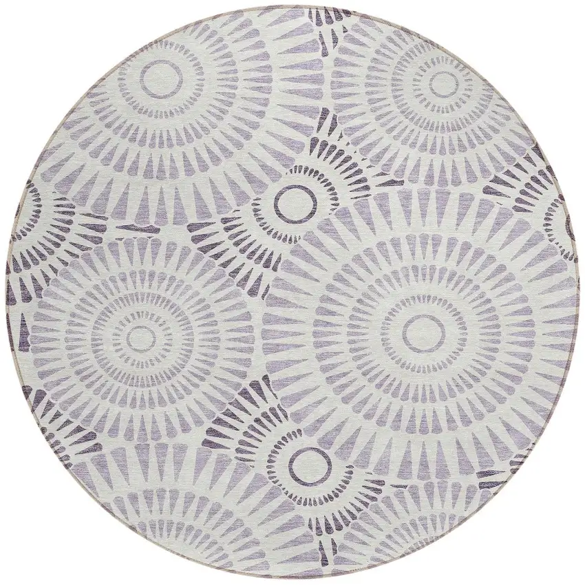 8' Lavender And Ivory Round Geometric Washable Indoor Outdoor Area Rug Photo 5