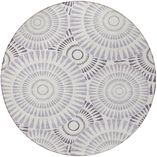 8' Lavender And Ivory Round Geometric Washable Indoor Outdoor Area Rug Photo 6