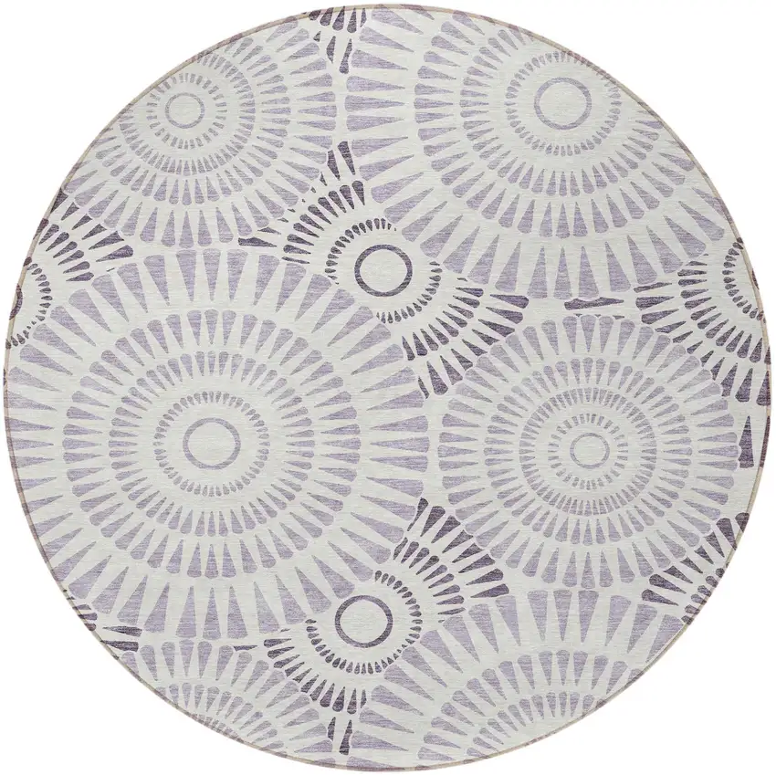 8' Lavender And Ivory Round Geometric Washable Indoor Outdoor Area Rug Photo 6