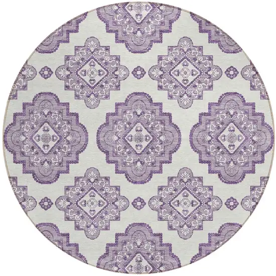 8' Lavender And Ivory Round Medallion Washable Indoor Outdoor Area Rug Photo 4