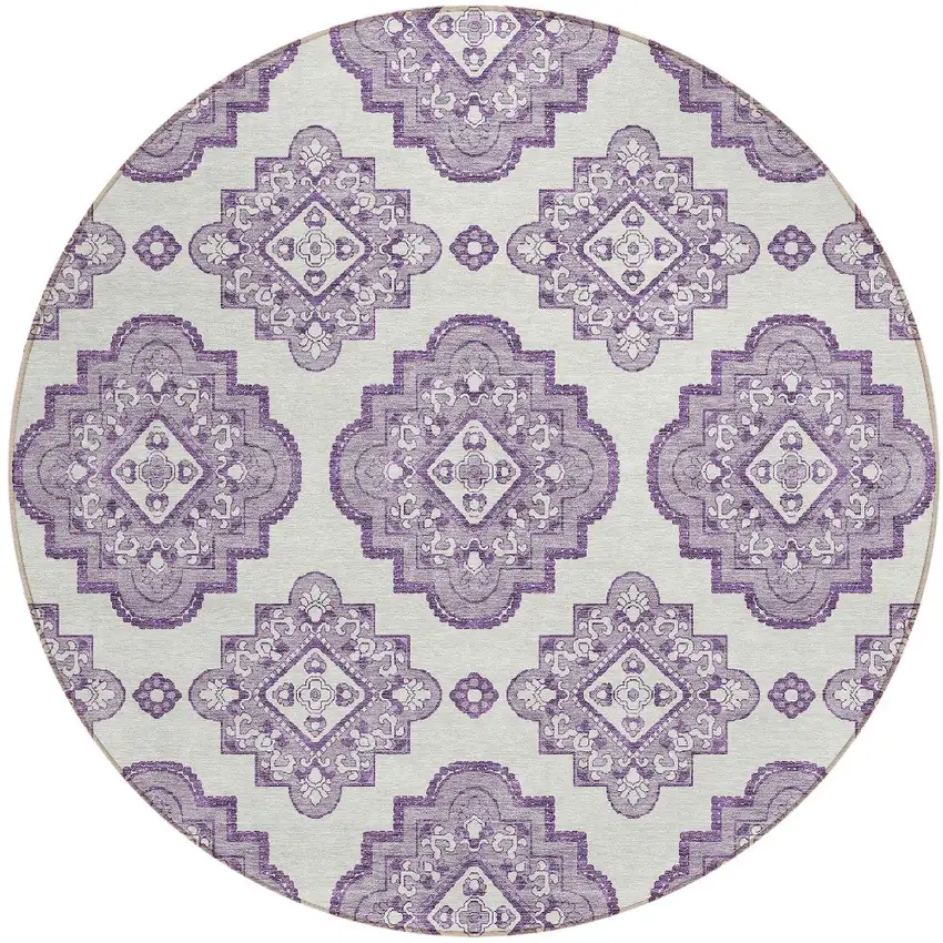 8' Lavender And Ivory Round Medallion Washable Indoor Outdoor Area Rug Photo 4