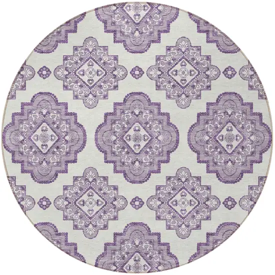 8' Lavender And Ivory Round Medallion Washable Indoor Outdoor Area Rug Photo 5