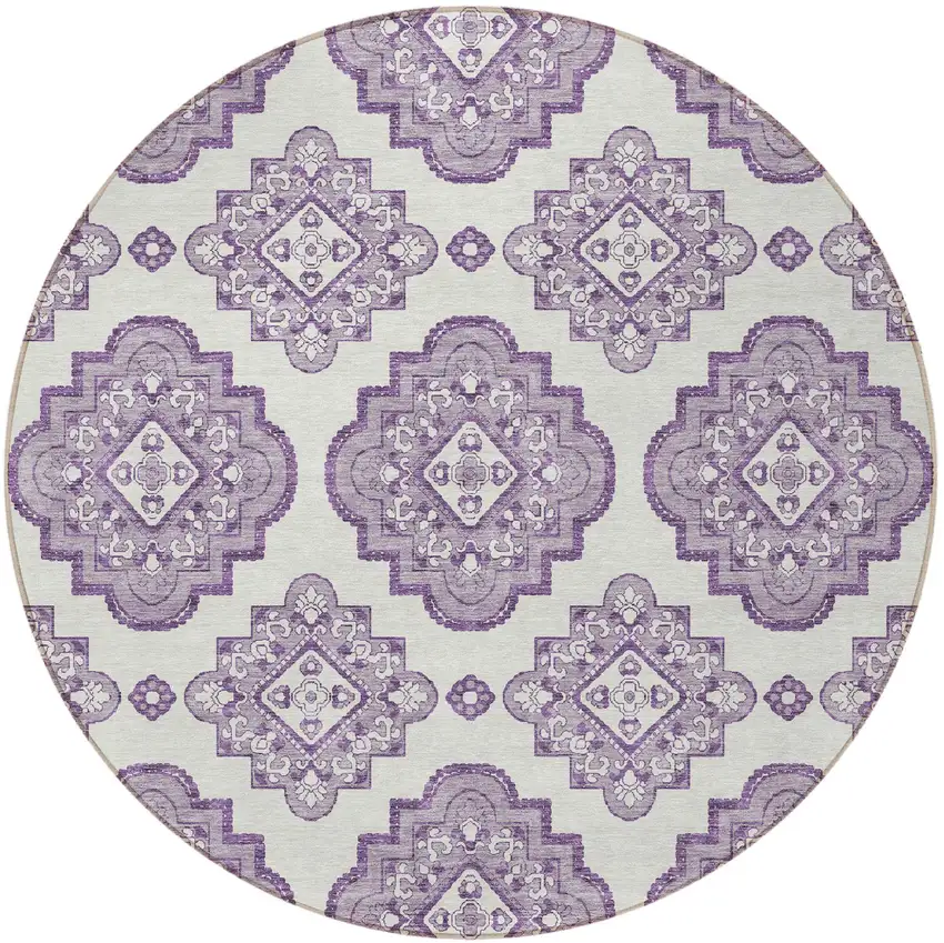 8' Lavender And Ivory Round Medallion Washable Indoor Outdoor Area Rug Photo 5