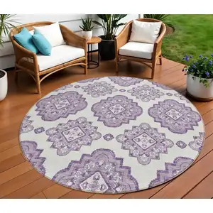 Photo of 8' Lavender And Ivory Round Medallion Washable Indoor Outdoor Area Rug