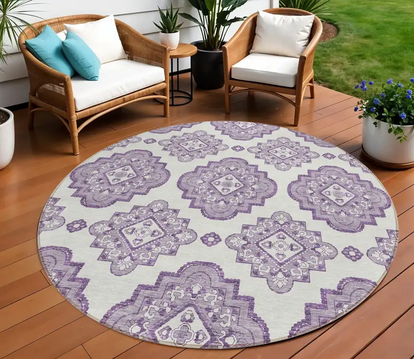8' Lavender And Ivory Round Medallion Washable Indoor Outdoor Area Rug Photo 1