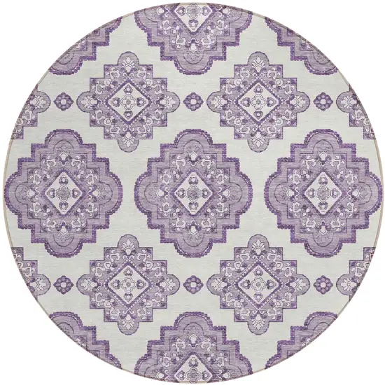 8' Lavender And Ivory Round Medallion Washable Indoor Outdoor Area Rug Photo 2