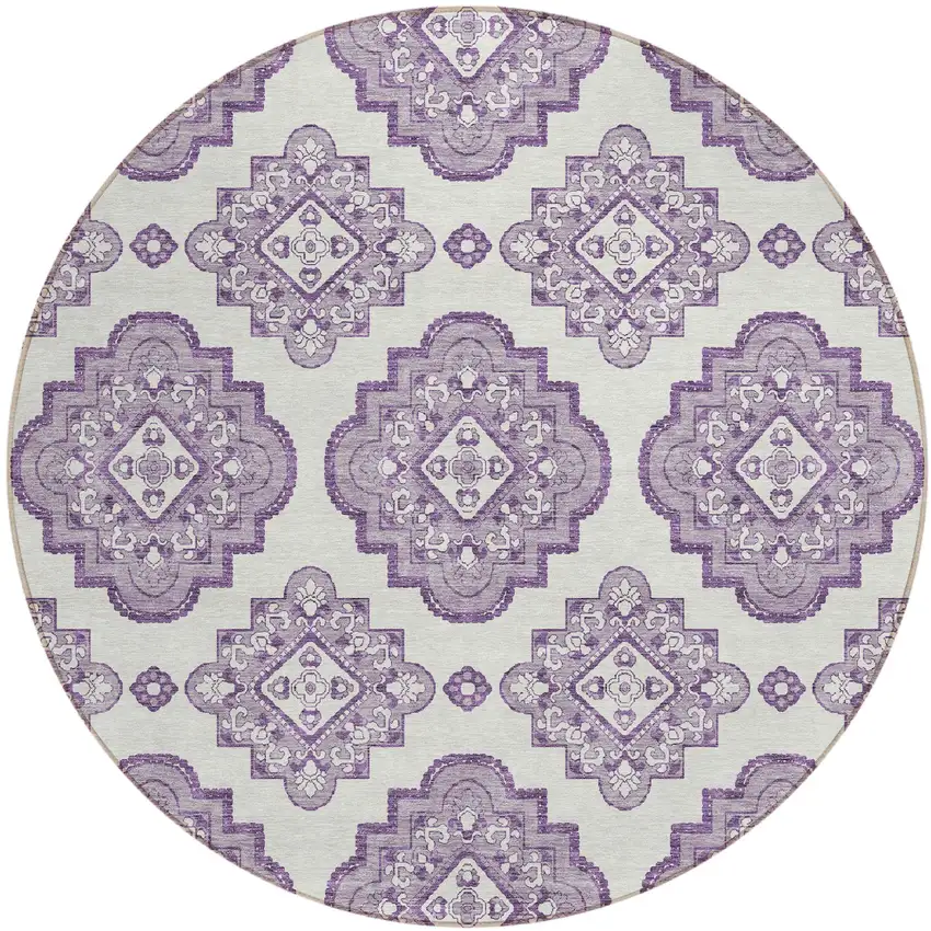 8' Lavender And Ivory Round Medallion Washable Indoor Outdoor Area Rug Photo 2