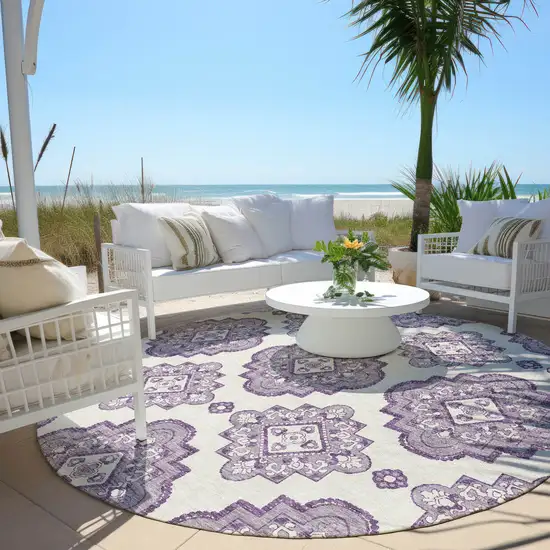 8' Lavender And Ivory Round Medallion Washable Indoor Outdoor Area Rug Photo 6