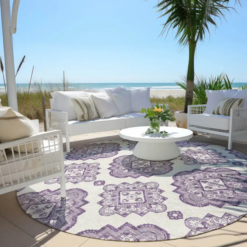 8' Lavender And Ivory Round Medallion Washable Indoor Outdoor Area Rug Photo 6